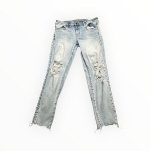 American Eagle Super Stretch Jeggings Light Wash Distressed Hem Size 14 Short